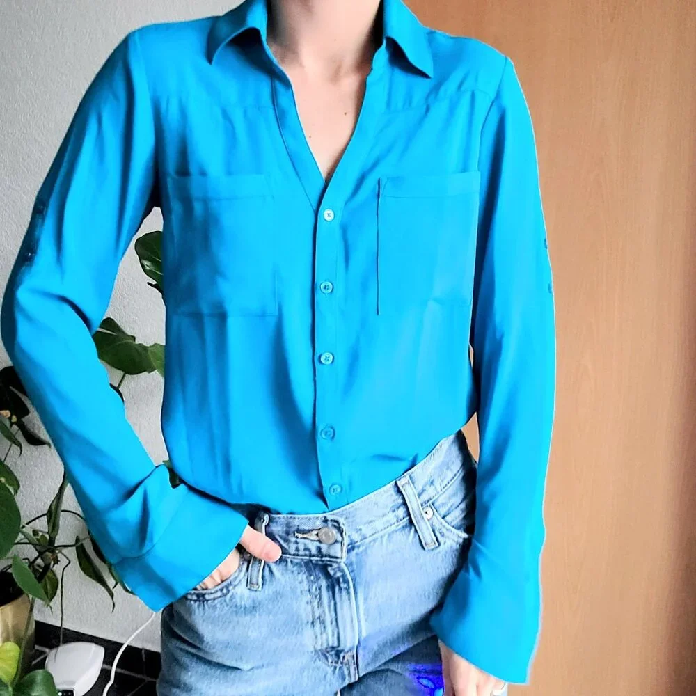 Express The Portofino Shirt Slim Fit Button Down Long Sleeve Top Cobalt Blue XS - Picture 2 of 10